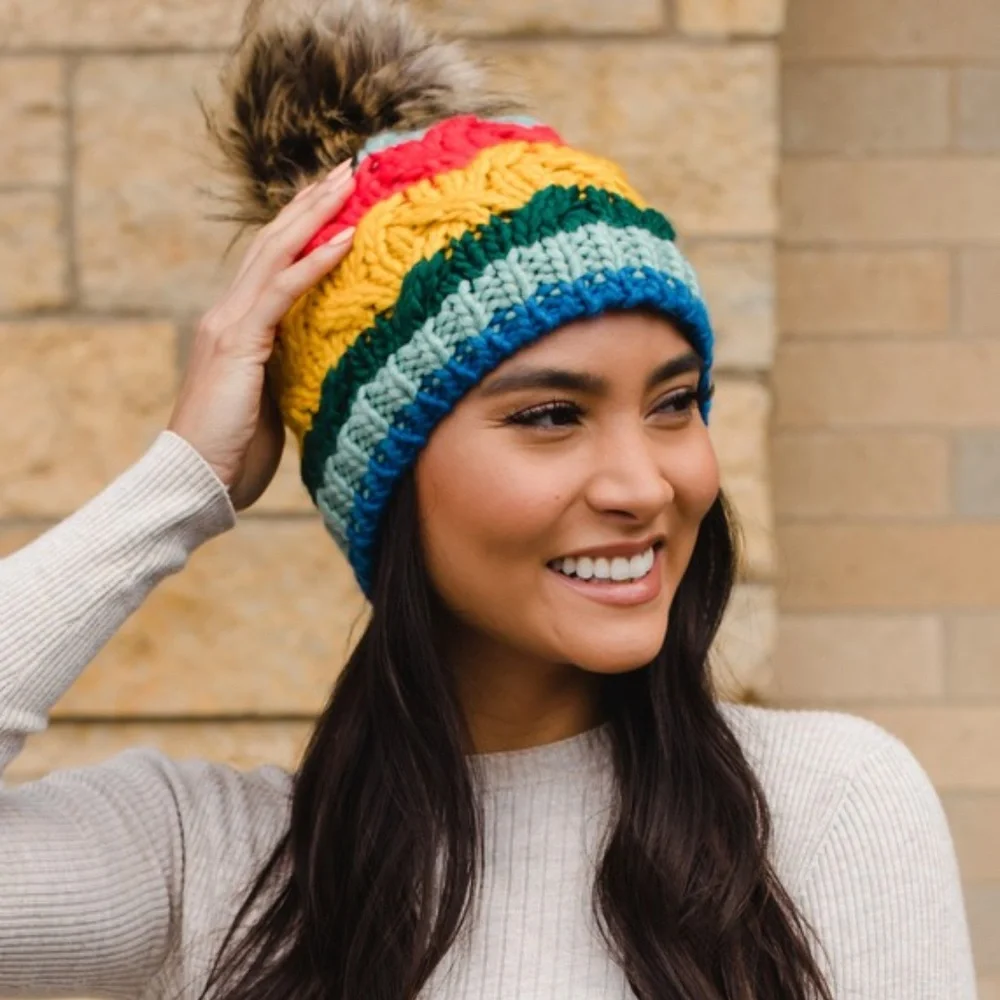 SOLD OUT Rainbow Cable Knit Fleece Lined Faux Fur Pompom Beanie Women's Hat - Picture 2 of 4